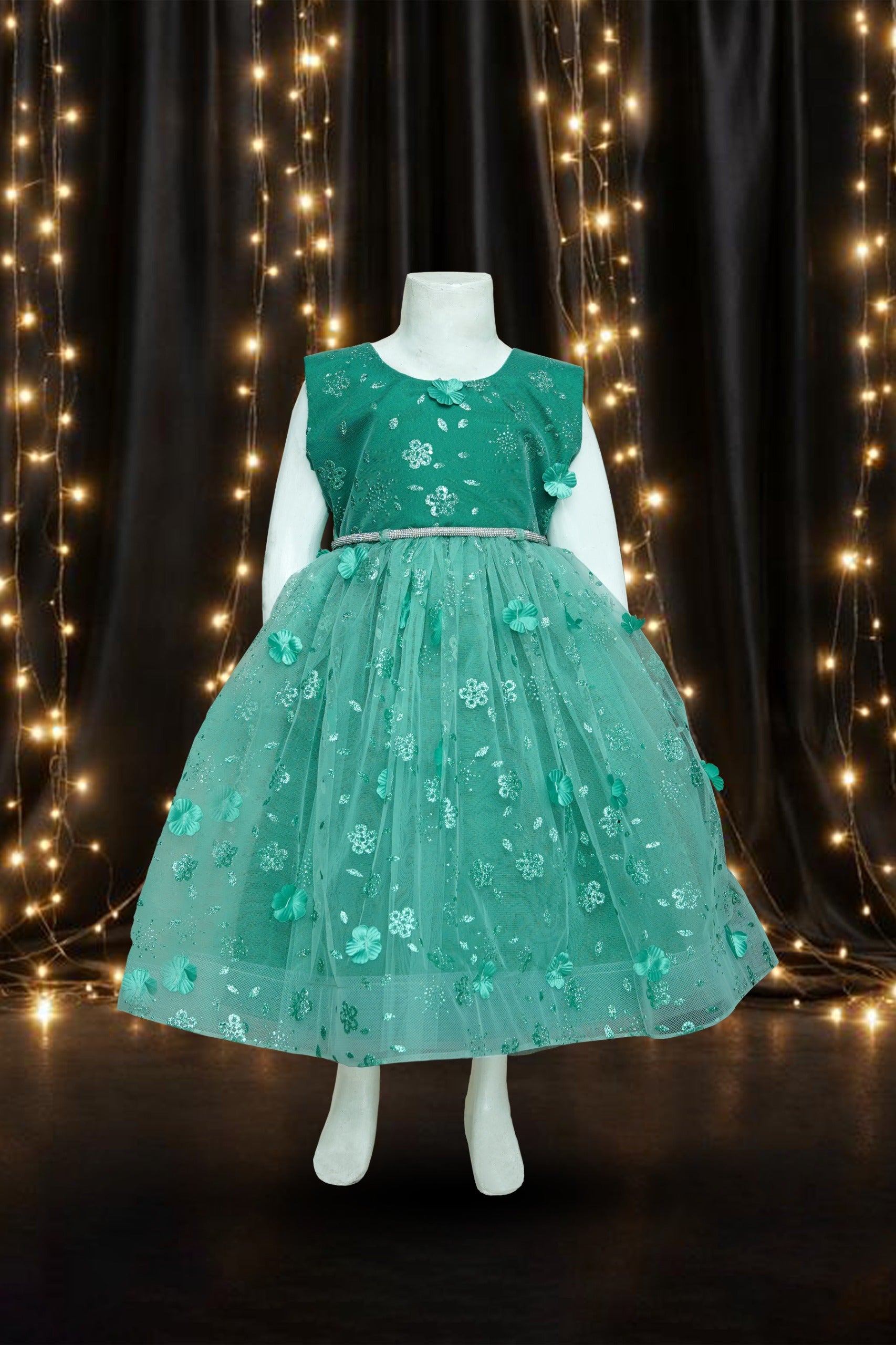 Girls Frock Green With Sleeves Attached - 1020