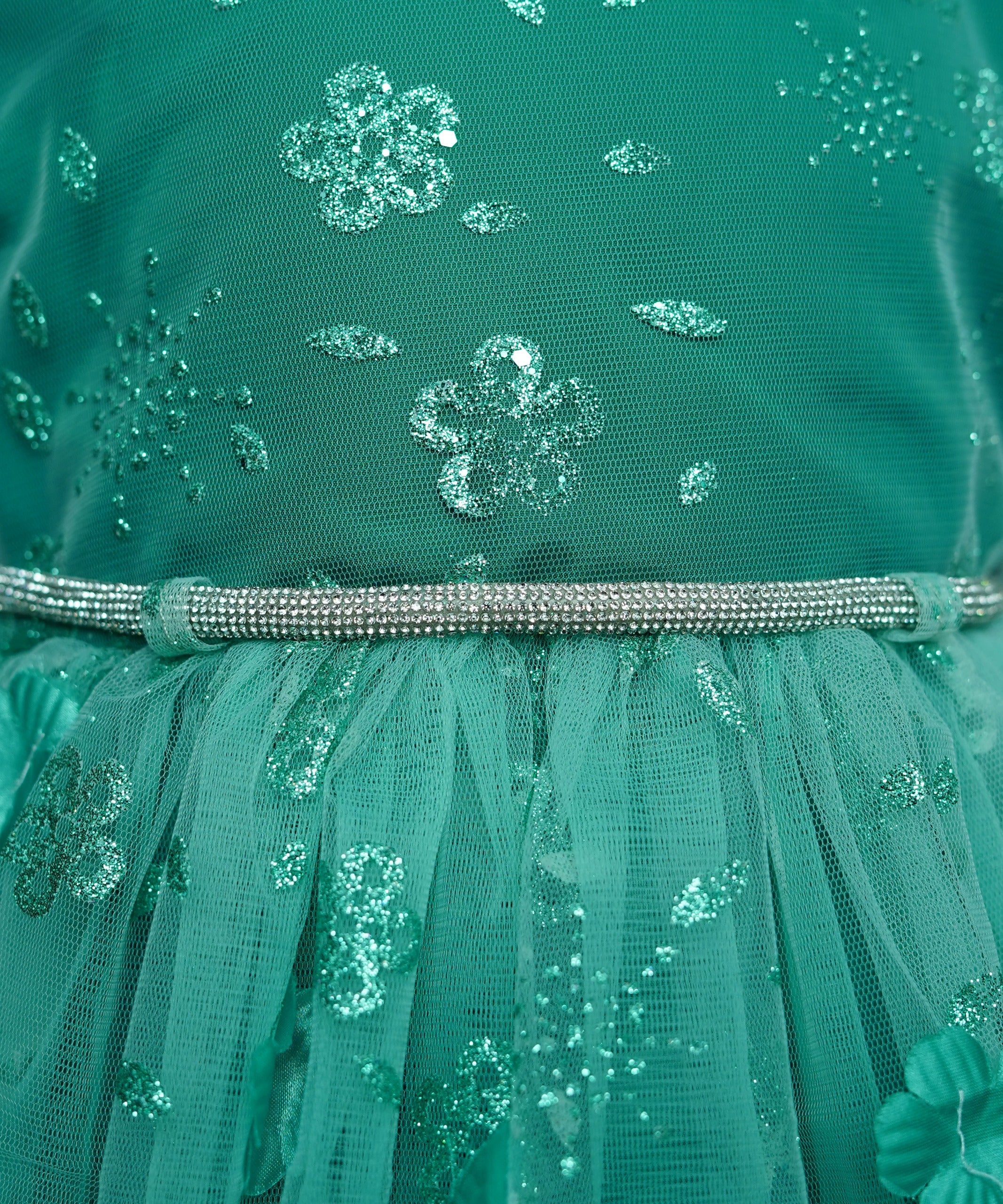 Girls Frock Green With Sleeves Attached - 1020