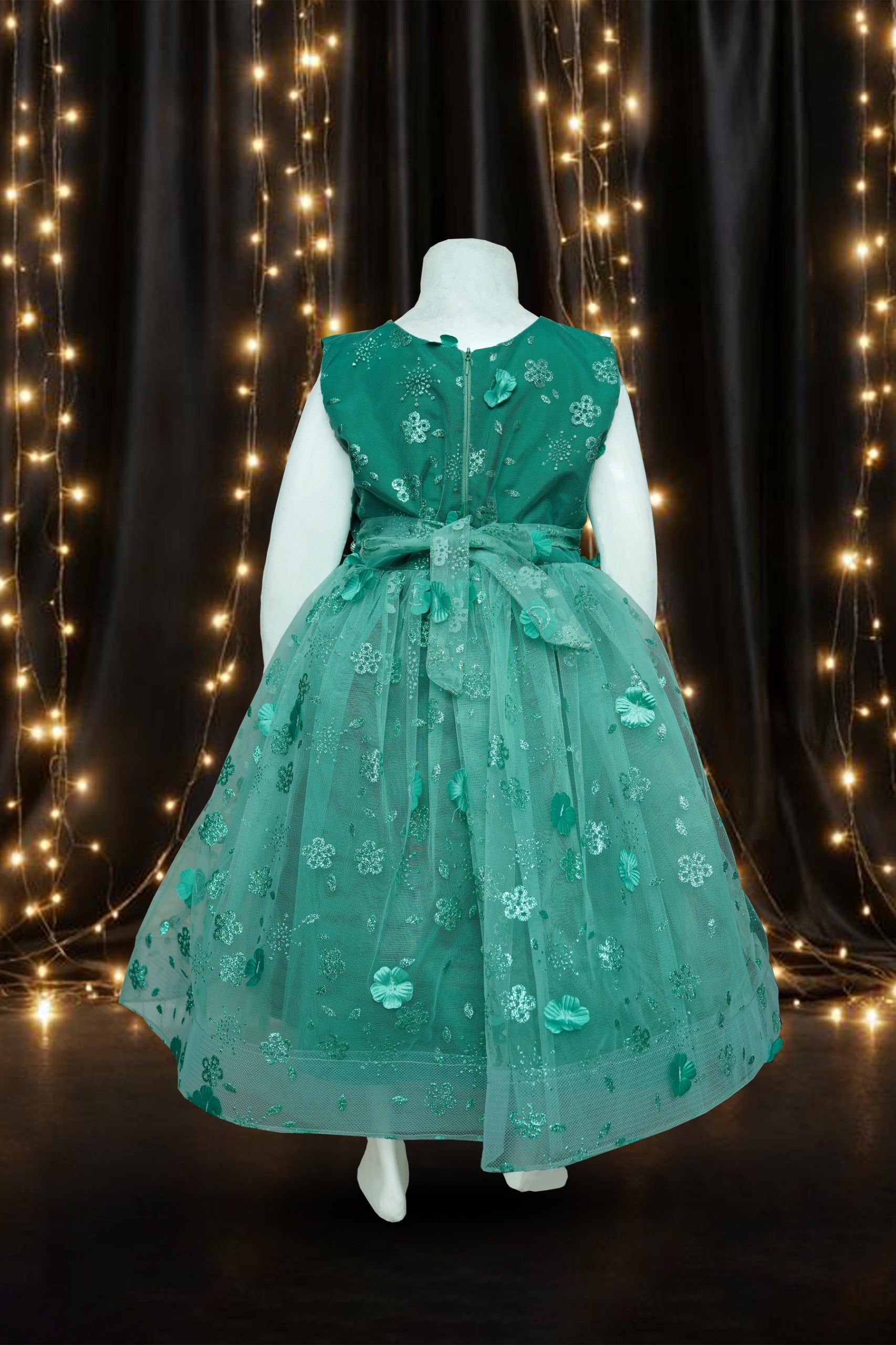 Girls Frock Green With Sleeves Attached - 1020